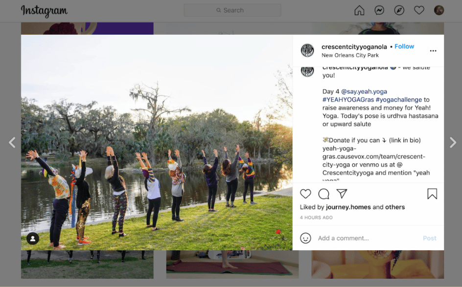 Nonprofit Instagram post encouraging followers to post a photo of a yoga pose with a donation to help boost their fundraising revenue