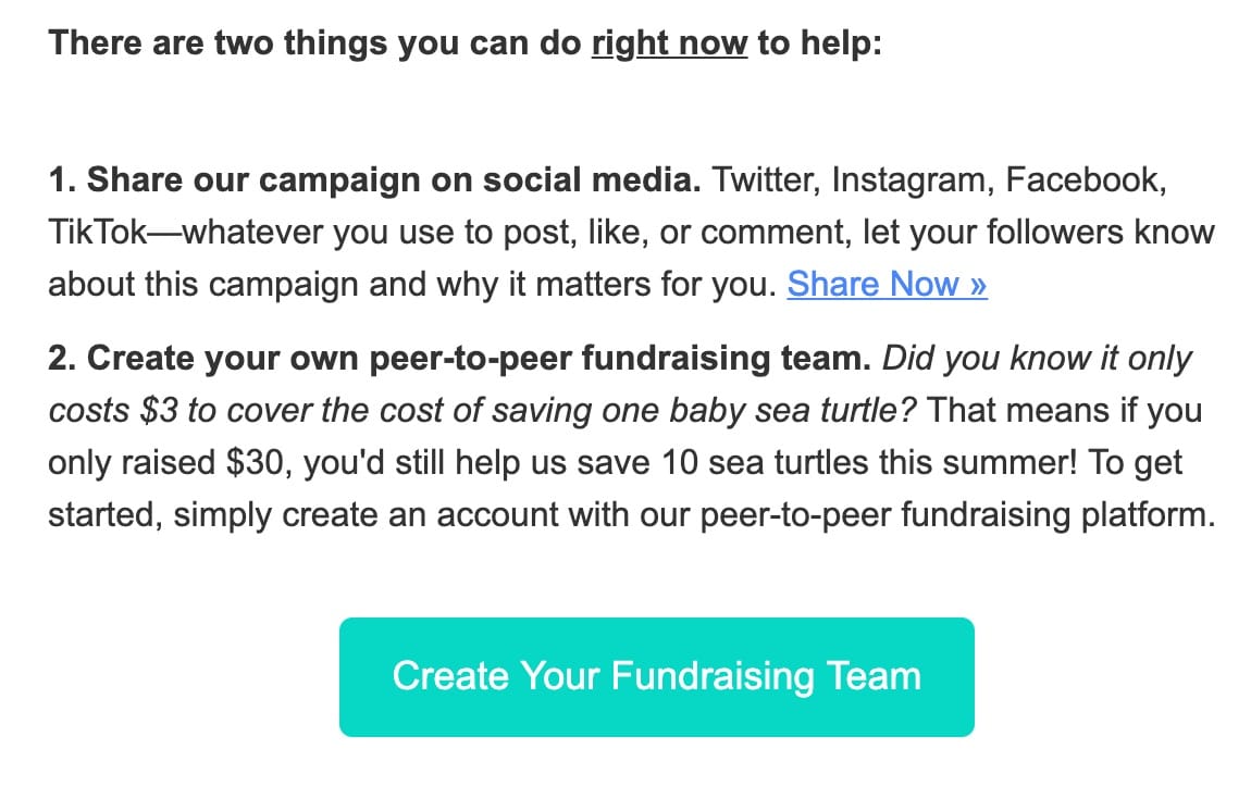 Peer to peer fundraising email call to action example