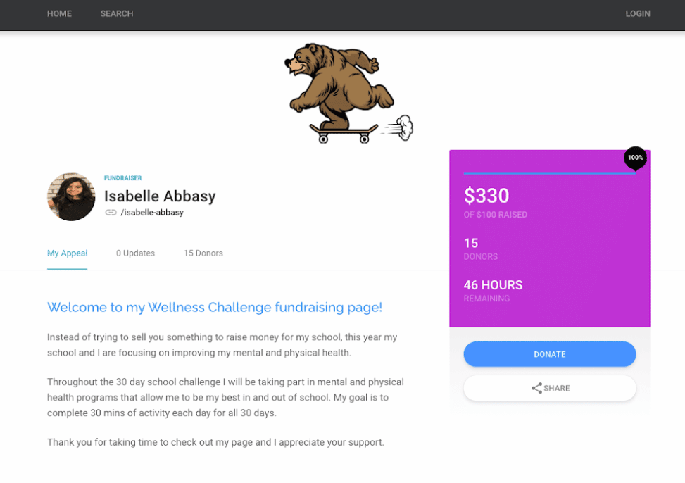 Example of a crowdfunding page featuring a wellness fundraising challenge for a nonprofit