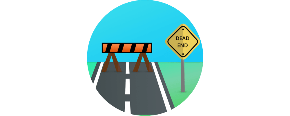 dead end sign with blocked road