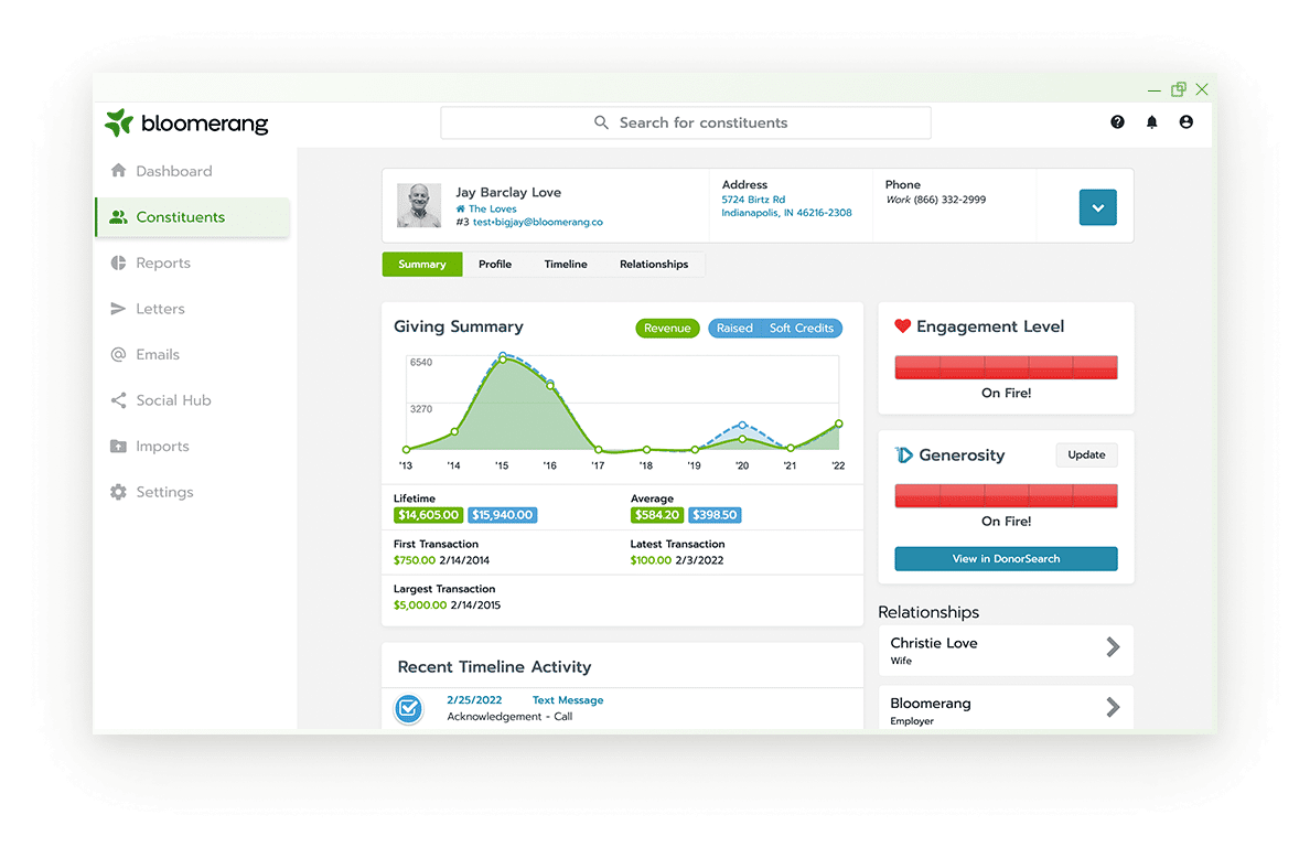 An example of Bloomerang’s constituent profiles, showing a donor’s giving summary, engagement and generosity levels, and recent activity