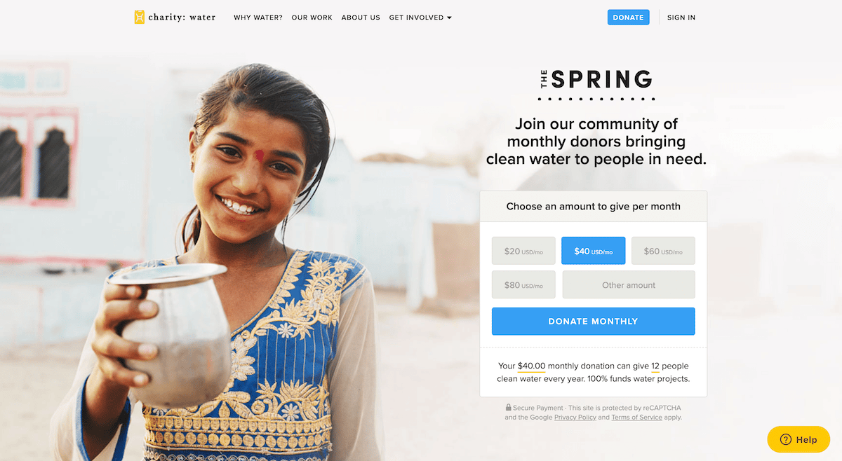 Screenshot of charity:water donation page for recurring donors.