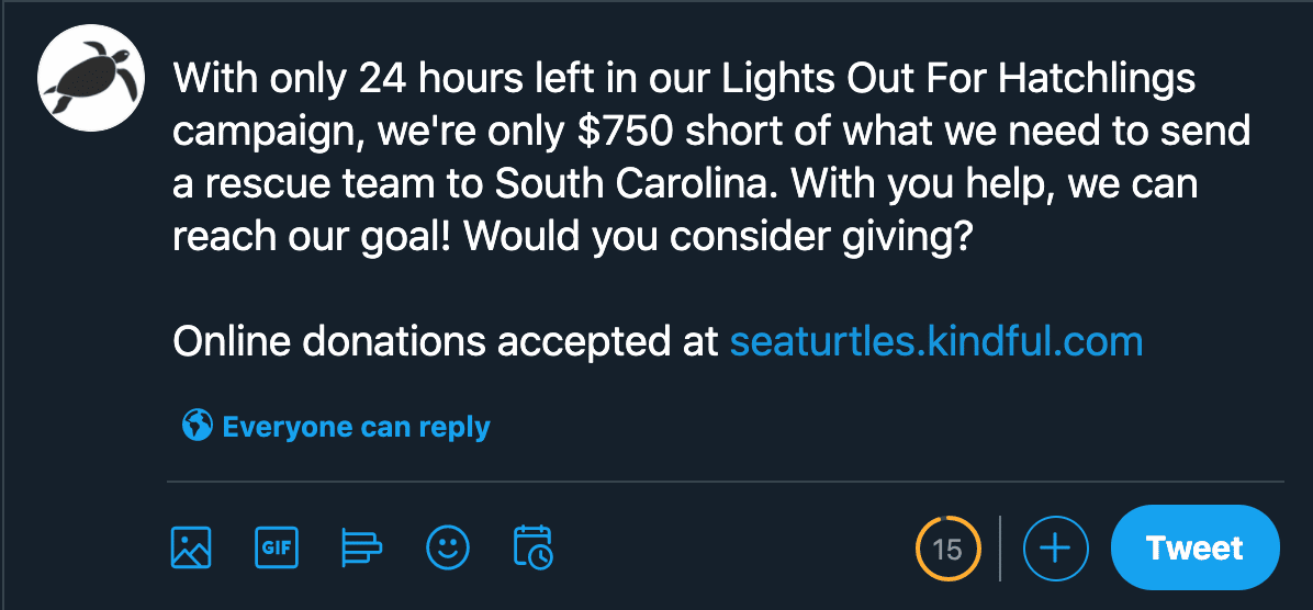 example of nonprofit issuing fundraising appeal with tweet