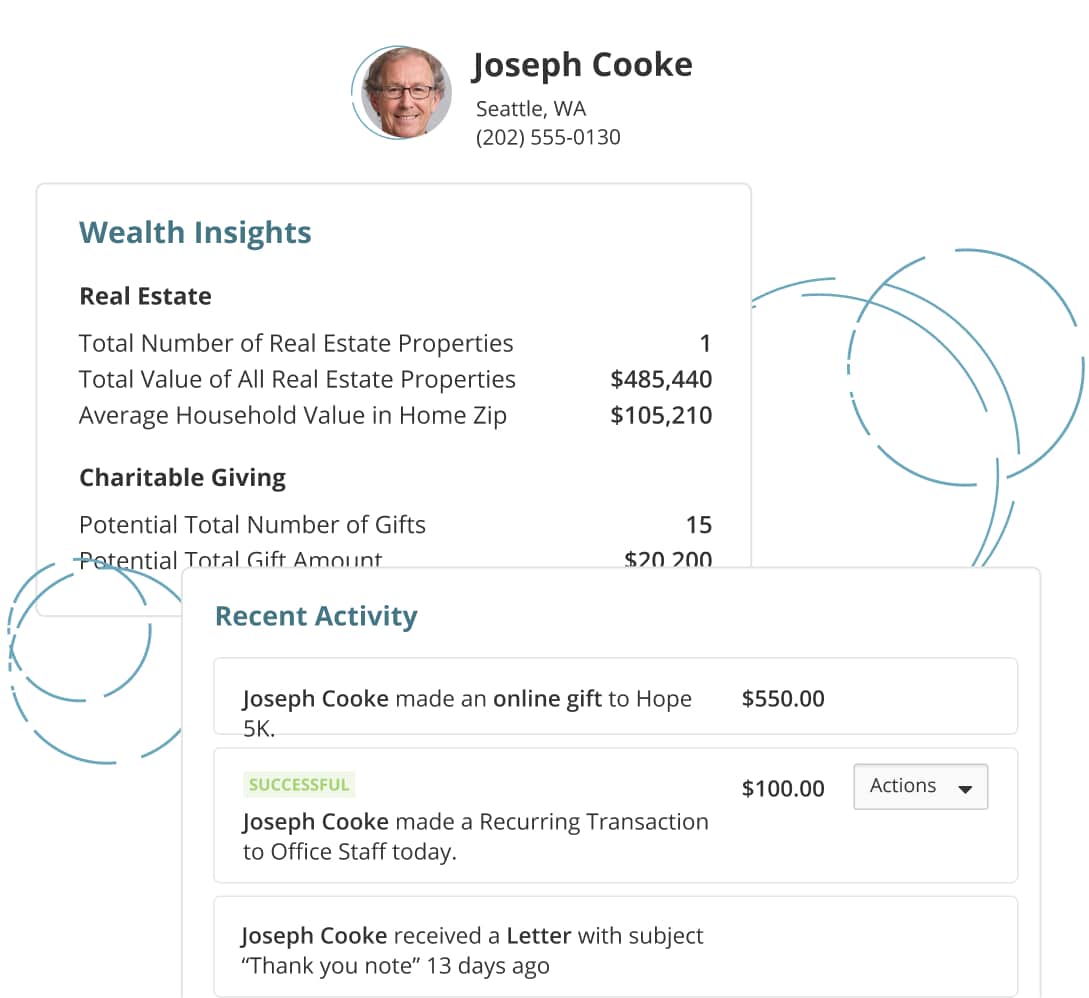 Wealth Insights data like real estate and charitable giving info next to recent activity